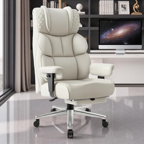 BestGlory Office Desk Chair, Big and Tall Leather Gaming Chair with Footrest, Ergonomic Comfy Executive High-Back Reclining Computer Chairs, Wide Swivel Rolling Wheels and Padded Lumbar Support, White - color: White, style: 3 Position Reclining