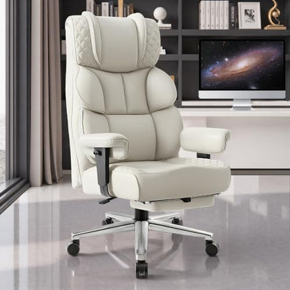 BestGlory Office Desk Chair, Big and Tall Leather Gaming Chair with Footrest, Ergonomic Comfy Executive High-Back Reclining Computer Chairs, Wide Swivel Rolling Wheels and Padded Lumbar Support, White - color: White, style: 3 Position Reclining