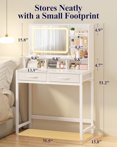 Kitsure 31.5" W Small Vanity Desk with Mirror and Lights, 2 Fabric Drawers | Bedroom, Gifting, Makeup Vanity, 6 Open Shelves, 3 Lighting Modes, Stable Frame, White