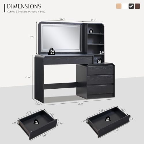 Aitjunz Vanity Desk with Mirror and Lights, 50” Modren Makeup Vanity with 35.43" Mirror and 5 Drawers, Makeup Table with Charging Station for Women and Girls, Bedroom (Black) - color: Black