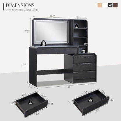 Aitjunz Vanity Desk with Mirror and Lights, 50” Modren Makeup Vanity with 35.43" Mirror and 5 Drawers, Makeup Table with Charging Station for Women and Girls, Bedroom (Black) - color: Black