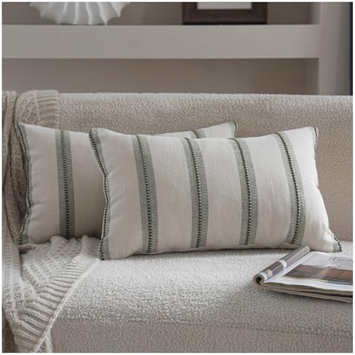 Cethom Boho Throw Pillow Covers 12x20 Set of 2, Olive Green Striped Decorative Pillow Cases for Couch Chair Bed, Textured Farmhouse Modern Accent Cushion Covers for Living Room Bedroom Sofa Home Decor - color: Olive Green, size: 20" x 12" (Pack of 2)