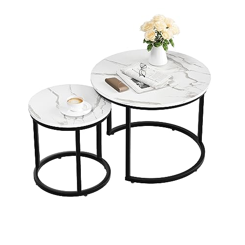 Smuxee White Nesting Coffee Table Set of 2, 23.6" Round Coffee Table Wood Grain Top with Adjustable Non-Slip Feet, Industrial End Table Side Tables for Living Room Bedroom Balcony Yard - color: White-black, size: 23.6"W