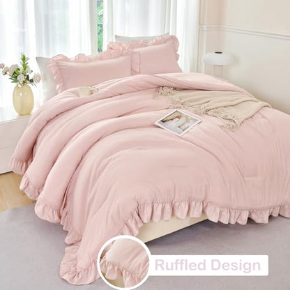 ANGIYUIN 5 Pieces Blush Pink Ruffled Comforter Sets Full Farmhouse Bed in A Bag with Layer Ruffle Soft Lightweight Bedding Sets with Sheet Sets, Pillowcases（Blush Pink Full） - color: Blush Pink, size: Full(5Pcs)