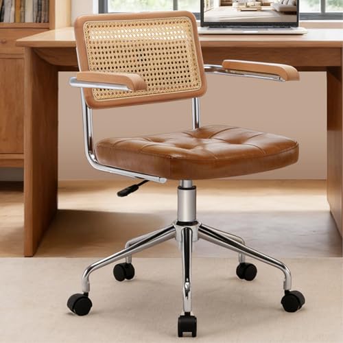 Zesthouse Leather Office Desk Chair with Wheels, Mid Century Rolling Desk Chair with Wood Arm & Natural Rattan Back, Modern Swivel Home Office Chair, Small Height Adjustable Computer Task Chair, Brown - color: Brown, size: Armrest