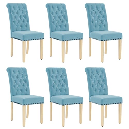 adochr Linen Dining Chairs Set of 6, Armless Parsons Chairs,Light Blue | Wooden Legs & Tufted Buttons, Upholstered Dining Room Chair for Kitchen/Dining Room/Living Room - color: Light Blue, size: 6PCS