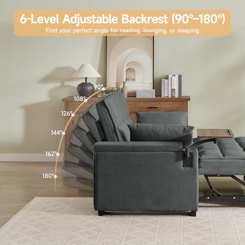 65" 3-in-1 Sofa Bed, Pull Out Sleeper Sofa with 360° Swivel Side Table, Storage Armrests, Cup Holders & USB Charging Ports, Chenille Convertible Couch for Living Room - color: 1007-dark Gray-