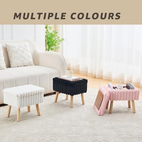 Wimarsbon Storage Ottoman,Soft Faux Fur Footstool with Padded Seat, Small Reading Vanity Chair, Footrest with Wood Tray for Couch, Mini Coffee Table or Display Stand (Cream)
