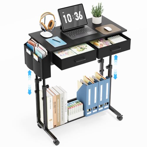 Small Standing Desk with Storage, Height Adjustable Sit Stand Desk with Drawers, Mobile Office Desk with Wheels and Side Pocket, Adjustable Laptop Workstation for Home Office - color: Black