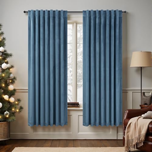 Pitalk Light Blue Velvet Curtains 63 Inch Length for Boys Bedroom Kids Nursery Coastal Elegant Decor Texture Room Darkening Thermal Stone Vintage Blue Curtain for Office Kitchen Study Room 2 Panel Set - color: Stone Blue, size: 52"W x 63"L (Pack of 2)