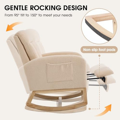 Rocking Chair Nursing, Rocker Chair with Footrest (Beige) | Teddy Boucle Upholstered Accent Reading Chair with High Back & Side Pocket for Living Room Bedroom Nursery Office - color: Beige