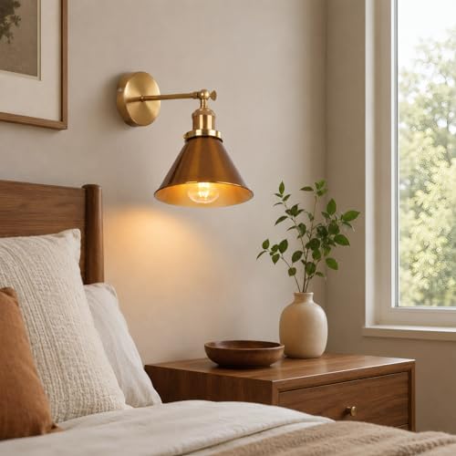 Fandian Brass Gold Classic Industrial Metal Adjustable Arm LED Wall Sconce for Bedside Reading, Farmhouse Swing Arm Wall Lamp with Metal Shade, Hardwired