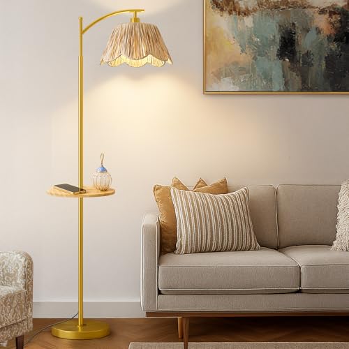 Floor Lamp with Table for Bedroom, Boho Standing Lamps with Foot Switch, Farmhouse Floor Lamp for Living Room, Arc Rattan Lamps with Gold Metal Base & Pole, Ideal for Home Décor - color: Gold and Wood
