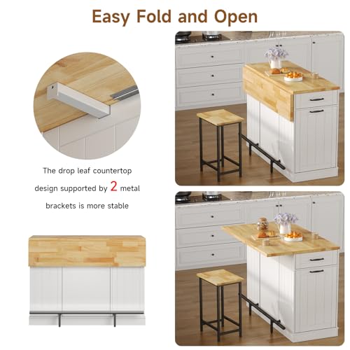47" Kitchen Island with Seating, Stationary Island Table with Storage Include 2 Chairs, Kitchen Islands with Drop Leaf, Dining Table with Trash Cabinet & Power Outlet & Spice Rack, White - color: White