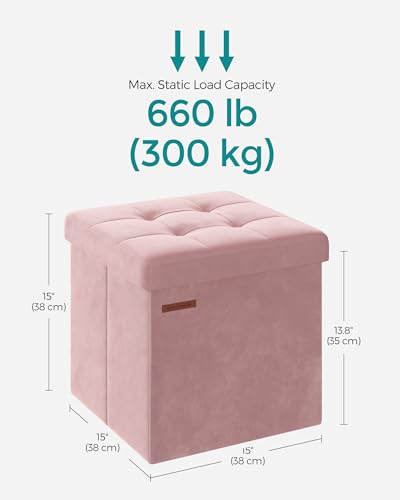 SONGMICS Small Storage Ottoman, Folding Ottoman Cube, 15 x 15 x 15 Inches, Footstool, Footrest, 11 Gal. (43 L), Velvet Surface, for Bedroom, Living Room, Dorm, Jelly Pink ULSF227R01 - color: Jelly Pink