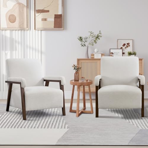Bonzy Home Mid-Century Modern Accent Chair,Upholstered Armchair with Lumbar Cushion Padded Arms,Comfy Fabric Reading Chair with Stable Wooden Frame for Living Room & Bedroom,Beige - color: White, size: 1PCS