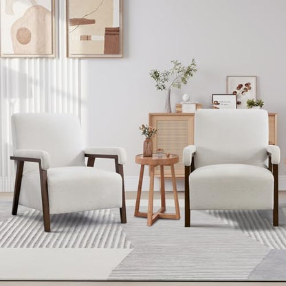 Bonzy Home Mid-Century Modern Accent Chair Set of 2,Upholstered Armchair with Lumbar Cushion Padded Arms,Comfy Fabric Reading Chair with Stable Wooden Frame for Living Room & Bedroom,Beige - color: White, size: 2PCS