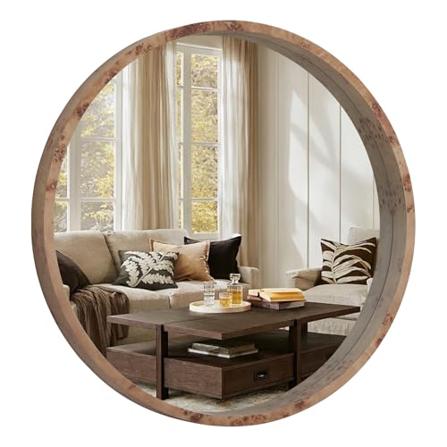 28 Inch Round Wood Mirror, Burlwood Grain Wood Frame Circle Mirror, Versatile Wall Decor for Bathroom Vanity, Living Room, Bedroom and Entryway, Natural - size: 28"L x 28"W