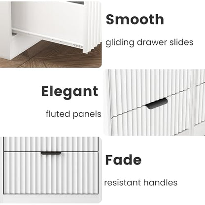 Fluted Nightstand Set of 2, LED Nightstand with Charging Station, Wood Nightstands with 2 Drawers & Metal Handles, Modern Bedside Table & End Tables, Farmhouse Night Stands for Bedroom, White - color: White, style: LED 2 Drawers-2 PCS