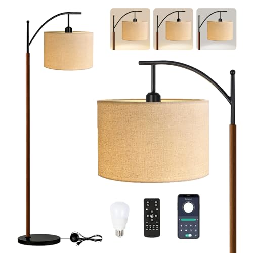 ILLMTW Arc Floor Lamp for Living Room,Bedroom,Vintage Mid Century Modern Standing Lamp with Remote Dimmable,Wood Boho Black Tall Lamp Fabric Lamp Shade Floor Lights Bohemian Tiffany Style - size: 10-Floor Lamp