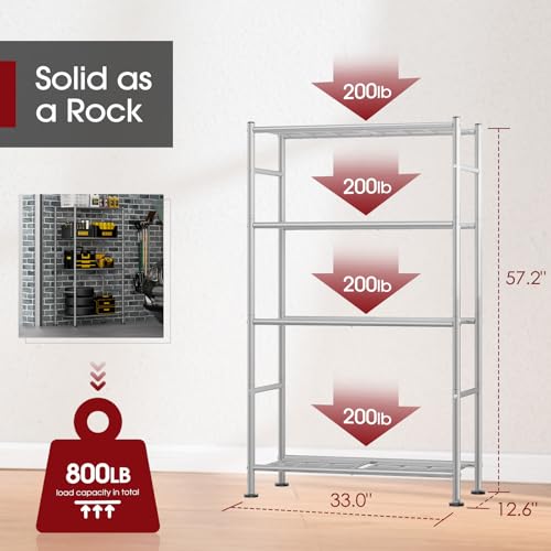 Sakugi Storage Shelves - 4 Tier Shelf Organizer, Heavy Duty Garage Shelving Unit with Leveling Feet, Stable Metal Shelves Organizer for Pantry, Kitchen and Closet, 33.0" W x 12.6" D x 57.2" H, Silver - color: Silver, size: 33.0W×12.6D×57.2H(4T)