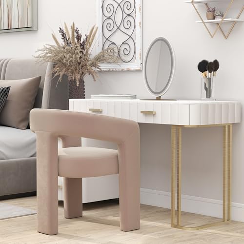 HNY Modern Velvet Barrel Single Dining Chair, Khaki | Upholstered Accent Armchair With Wide Seat Stylish Design For Living Room Bedroom Vanity And Small Spaces - color: Khaki Velvet