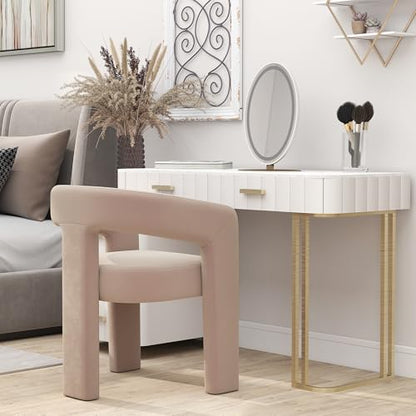 HNY Modern Velvet Barrel Single Dining Chair, Khaki | Upholstered Accent Armchair With Wide Seat Stylish Design For Living Room Bedroom Vanity And Small Spaces - color: Khaki Velvet