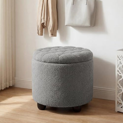 Modern Round Storage Ottoman, Upholstered Button Tufted Ottoman Footstool Ottomans with Removable Lid Storage Footstool for Living Room, Bedroom, Makeup Room, Teddy, Grey - color: Grey-1