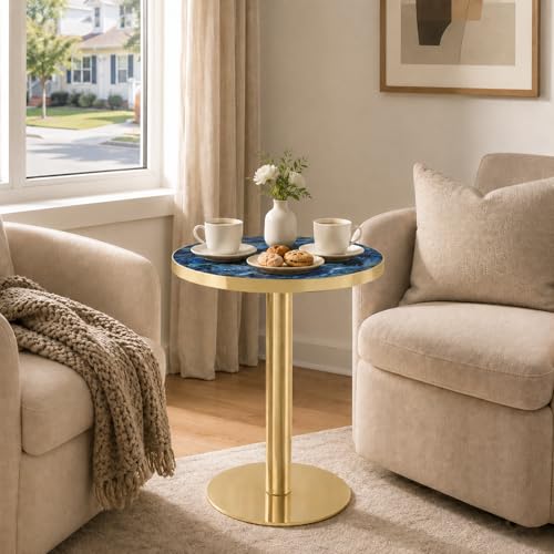 TesNus 23.6" Small Round Dining Table for 2, Circle Tulip Table, Faux Marble Top with Gold Metal Pedestal Base, Modern Leisure Coffee Table for Small Spaces, Cafe, Office, Blue&Gold - color: Blue Top&gold Base