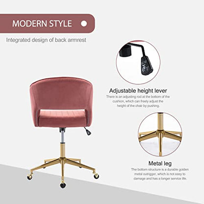 Velvet Home Office & Living Room Desk Chairs with Adjustable Swivel Wheels, Ergonomic Upholstered Office Chair for Bedroom, Vanity Study (Rose) - color: Rose