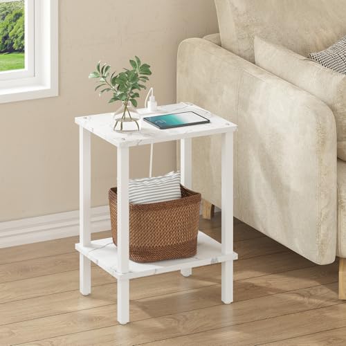 TUTOTAK End Table with Charging Station, Side Table Set of 2, Nightstand | 2-Tier Storage Shelf, Bedside Table with USB Ports, Sofa Table for Small Space, Livingroom, Bedroom Marble White TB01BMW041 - color: Marble White