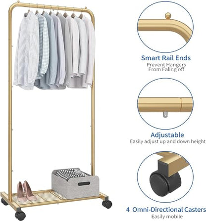 Simple Trending Clothes Garment Rack, Clothing Rack, Golden Yellow | Commercial Portable Closet with Mesh Storage Shelf, Anti-Slip Stoppers, 360° Wheels, Bedroom, Laundry Room - size: Single Shelf