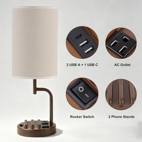 Dreamholder 2 Pack Table Lamp, Bedside Lamp with 3 USB Charging Ports & AC Outlet, USB Desk Lamp with 2 Phone Holders, Linen Fabric Shade Nightstand Lamps for Bedroom Living Room Office, Coffee Brown - color: Coffee Brown