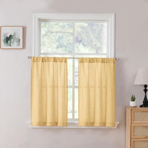Tollpiz Short Linen Tier Curtains Rod Pocket Semi Sheer Half Kitchen Curtain Burlap Light Filtering Thick Linen Drapes for Bathroom, 30 x 24 inches Long, Beige, Set of 2 Panels - color: Beige, size: 30"W x 24"L (Pack of 2)