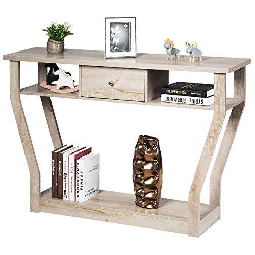 GIANTEX 43" Modern Console Table with Drawer & Storage Shelf, Gray Wash | Narrow Entryway Table w/ Geometric Angled-Leg Design, Mid-Century Behind Couch Sofa Table for Living Room, Hallway, Entrance - color: Gray Wash