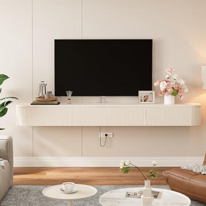 Floating TV Stand with Drawers 70'',Wall Mount TV Stand,Floating Entertainment Center Shelf for Bedroom Living Room Under TV,Fully Assembled,Off-White - color: Milky White, size: 70IN