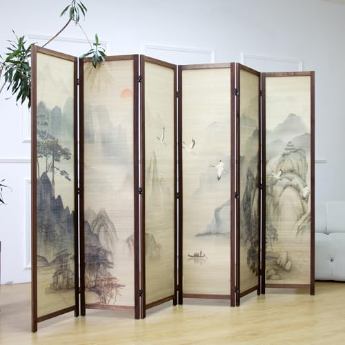6 Panel Bamboo Room Divider, 5.6 ft Tall Double-Sided Folding Privacy Screen, Premium Thickened Wood Frame with Mountains and Waters Landscape for Home & Office (67" H x 94.5" W) - color: Mountains and Waters, size: 6 Panel
