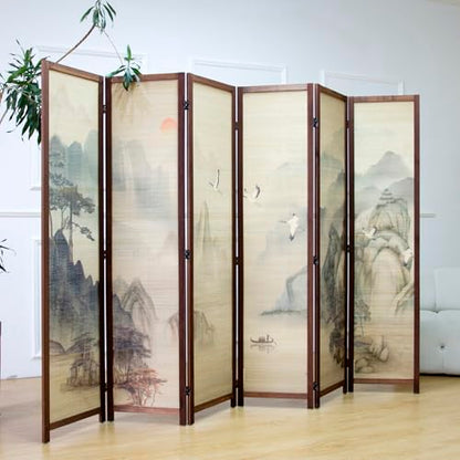 6 Panel Bamboo Room Divider, 5.6 ft Tall Double-Sided Folding Privacy Screen, Premium Thickened Wood Frame with Mountains and Waters Landscape for Home & Office (67" H x 94.5" W) - color: Mountains and Waters, size: 6 Panel