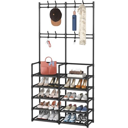 Laiensia 5-Tier Entryway Coat Rack, Coat and Shoe Rack, Entryway Bench Storage Organizer with 8 Hooks for Bedroom, Hallway, Office, Black - color: Black