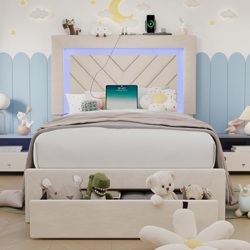 Twin Size Bed Frame with Adjustable Headboard and Storage Drawer, Upholstered Bed Frame Twin with RGB LED Lights and Charging Station, Easy Assembly, No Box Spring Needed, Off White - color: Off White, size: Twin