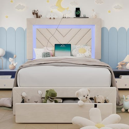 Twin Size Bed Frame with Adjustable Headboard and Storage Drawer, Upholstered Bed Frame Twin with RGB LED Lights and Charging Station, Easy Assembly, No Box Spring Needed, Off White - color: Off White, size: Twin