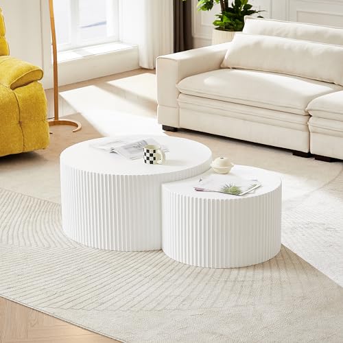 Nesting Coffee Table Set of 2, Modern Round Coffee Table End Table Set for Living Room, Wood Circle Drum Side Table,White - color: White