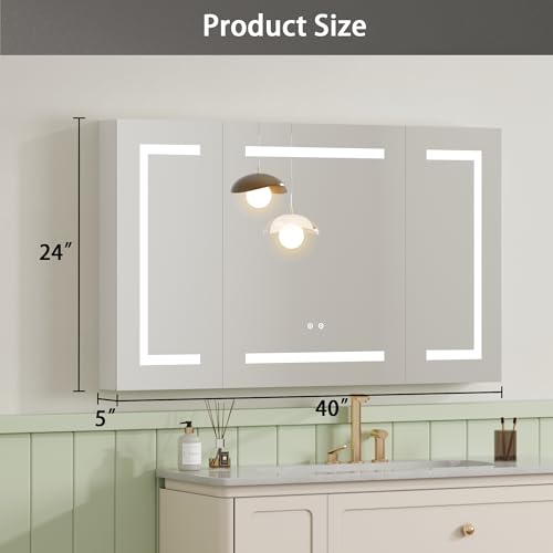 LED Medicine Cabinet with Mirror for Bathroom, Assembly-Free Lighted Medicine Cabinet, Defog, Stepless Dimming, 3 Colors, 2 Outlets, 2USB, Aluminum Wall Mounted Mirrored Cabinets, 40”Wx24“H - size: 40''W x 24''H Triple Door