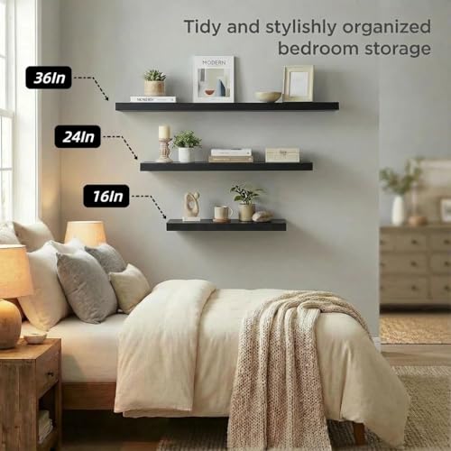 SAUMONIERES Floating Shelves Wall Shelf Solid Wood for Bathroom Bedroom Kitchen Set of 3, Black Wall Shelves - color: Black, size: 16 Inch-3 shelves