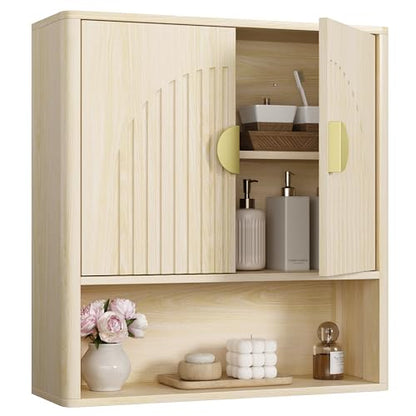 Bathroom Wall Cabinet, Fluted Medicine Cabinet, Natural | Adjustable Wood Shelf, Over The Toilet Storage Cabinet for Laundry Room, Living Room, Rounded Metal Handle, 2 Doors