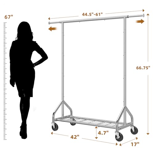 Simple Trending Heavy Duty Clothes Rack, Extensible Clothing Rack, Silver | Garment Rack Load 450 LBS, Portable Closet with Mesh Bottom Shelf, 360° Lockable Wheels, Bedroom, Laundry Room - size: 17"D x 61"W x 66.75"H