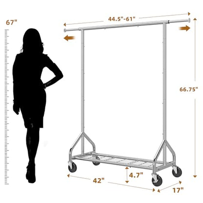 Simple Trending Heavy Duty Clothes Rack, Extensible Clothing Rack, Silver | Garment Rack Load 450 LBS, Portable Closet with Mesh Bottom Shelf, 360° Lockable Wheels, Bedroom, Laundry Room - size: 17"D x 61"W x 66.75"H