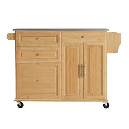 Christopher Knight Home Tredy Bamboo Rolling Cart with Drawers, Kitchen Bar Cart on Wheels with Stainless Steel Top, Rolling Kitchen Cart Storage Cabinet, Serving Cart, 50.8'' x 18.5'', Natural - size: Medium