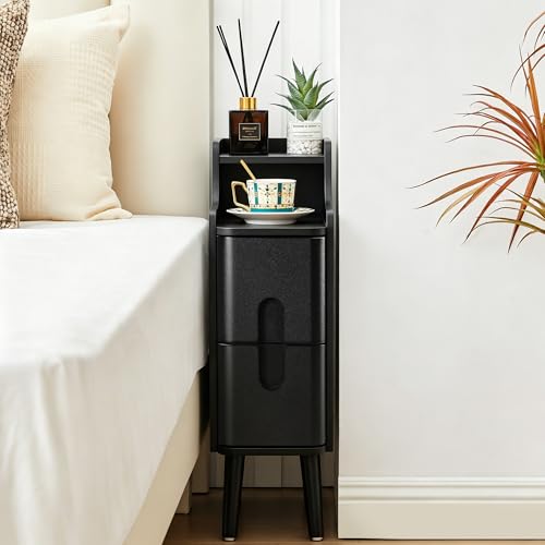 Black Narrow Nightstand, Wood 2 Drawer Small Nightstand, Slim Side Table, Modern Skinny End Bedside Table, Wood Night Stand with Drawers for Bedroom (Black-1 pc) - color: Black-1 Pc