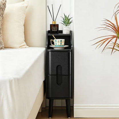 Black Narrow Nightstand, Wood 2 Drawer Small Nightstand, Slim Side Table, Modern Skinny End Bedside Table, Wood Night Stand with Drawers for Bedroom (Black-1 pc) - color: Black-1 Pc